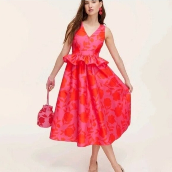 kate spade Coral Pink Floral Peplum Midi Dress Size 6 - Picture 6 of 7